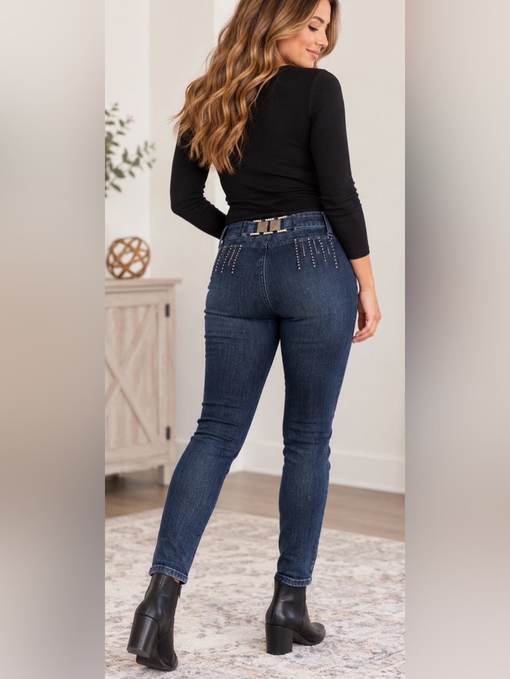 Dark Wash Women’s Skinny Jeans with Studded Back Detail